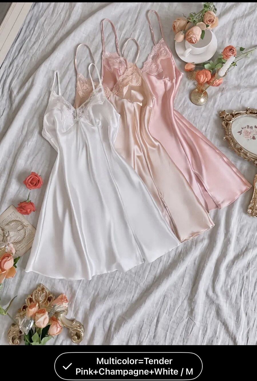 Three Pack Baby Doll Lingerie Set Pink Champagne, And White Embroidered Medium